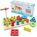 Wooden Stacking Toys, Shape Sorting Board & Wooden Toddler Fishing Toys, Shape Color Recognition Blocks Matching Puzzle Preschool Learning Toys for Kids Boys & Girls